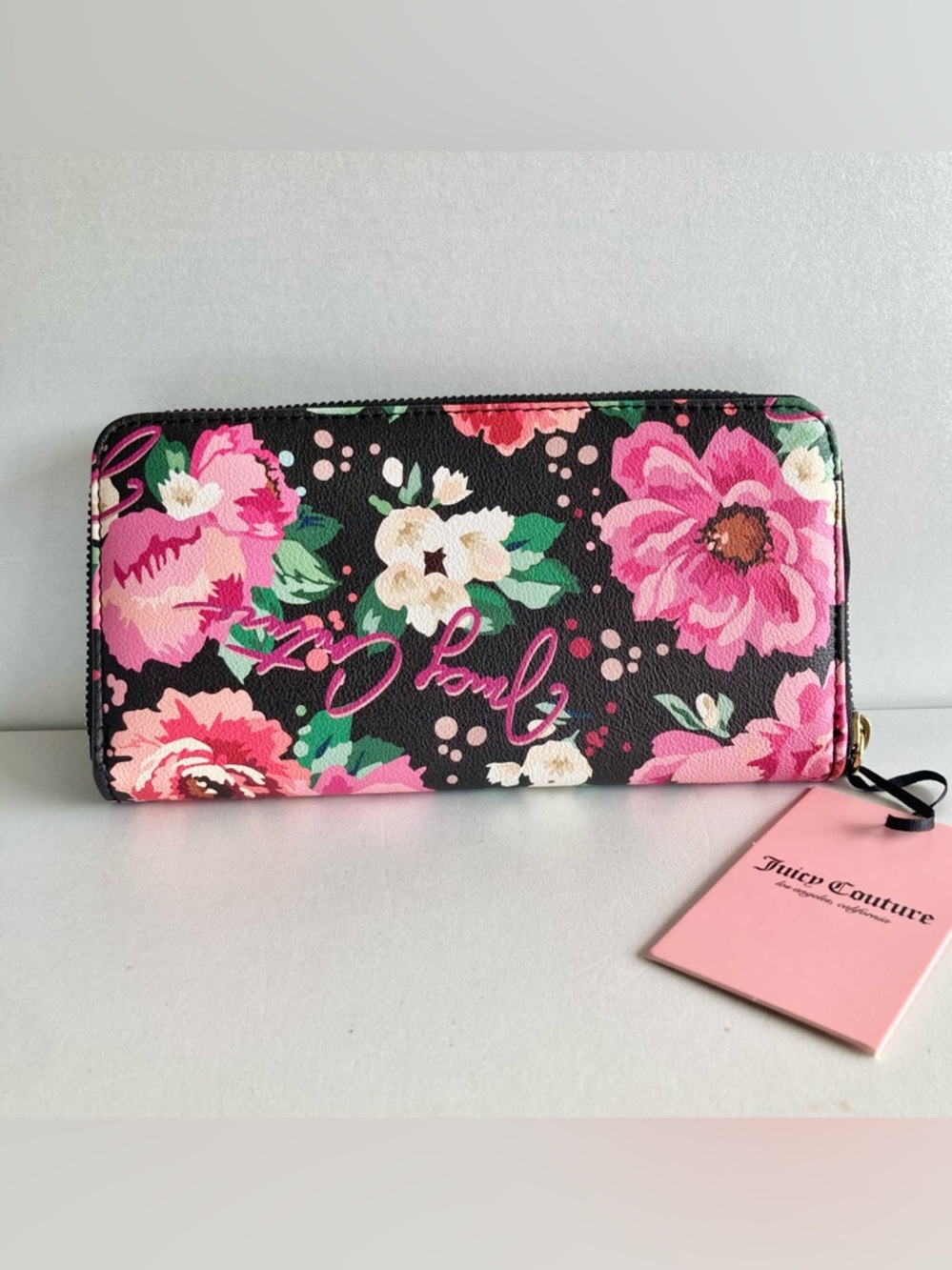 Juicy Couture Black Bow Zip Wallet with Pink & Green floral Accents - Picture 9 of 10
